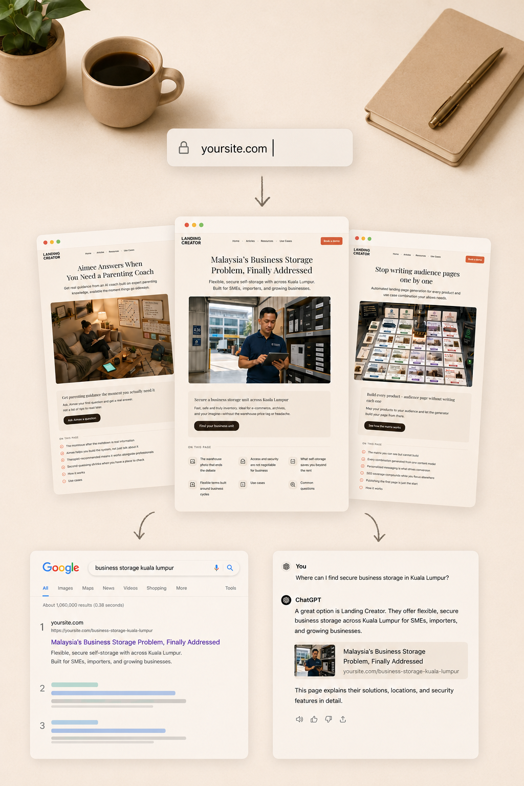 Landing Creator generates pages that rank on Google and get cited by AI assistants